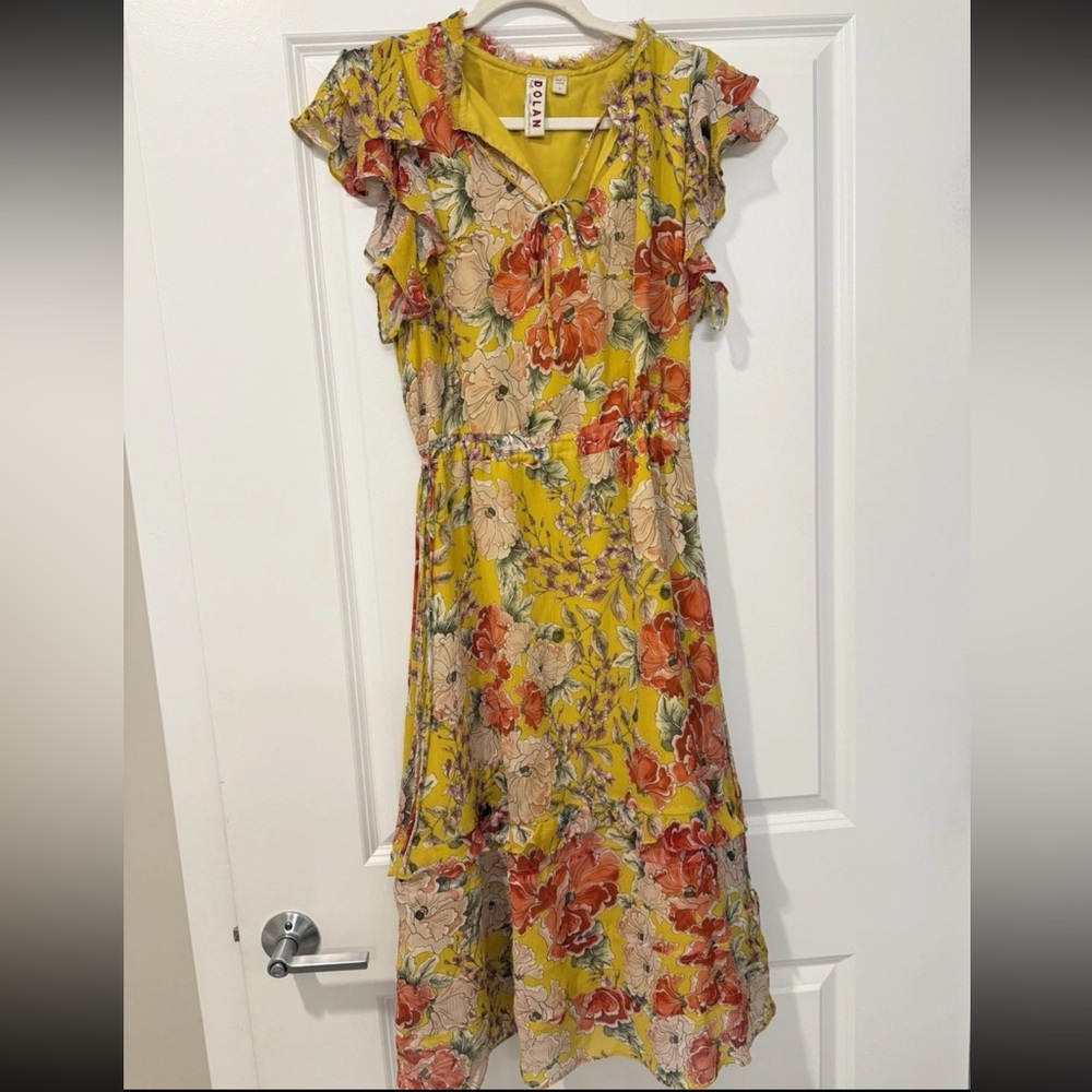 $298 Anthropologie Dolan Ellory Dress Yellow Floral 100% Silk Midi Boho, Size M - Picture 5 of 6